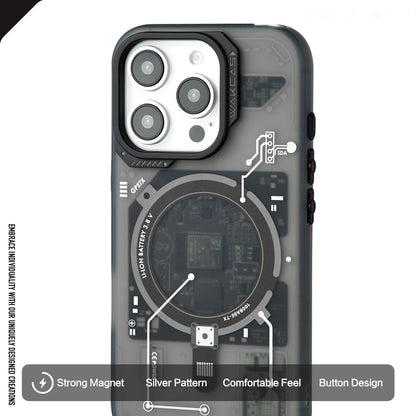 Black circuit board case with feature labels for comfort, camera and buttons