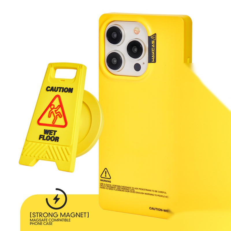 Yellow square case with wet-floor stand and strong magnet callout