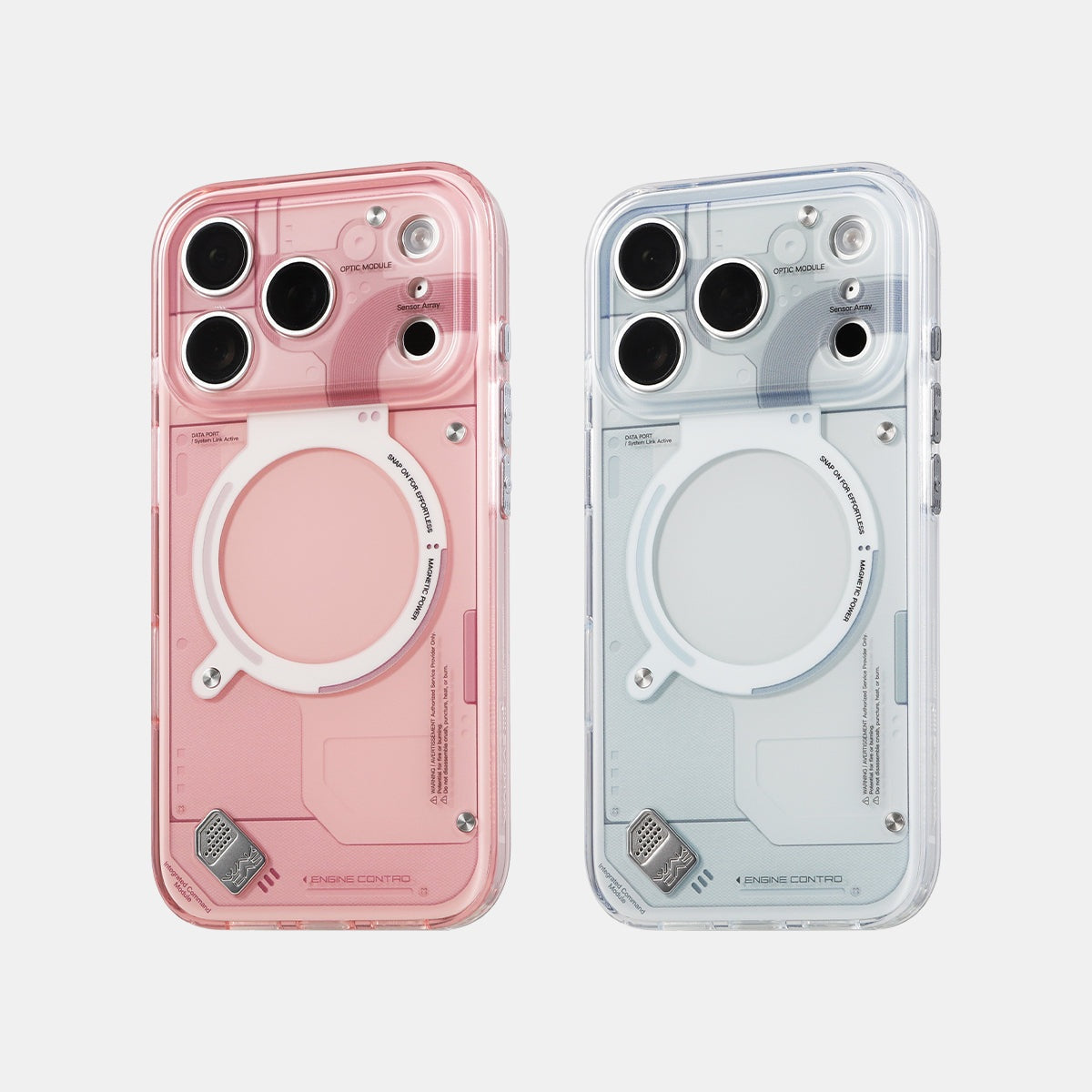 Pink and light gray glossy MagSafe cases side by side
