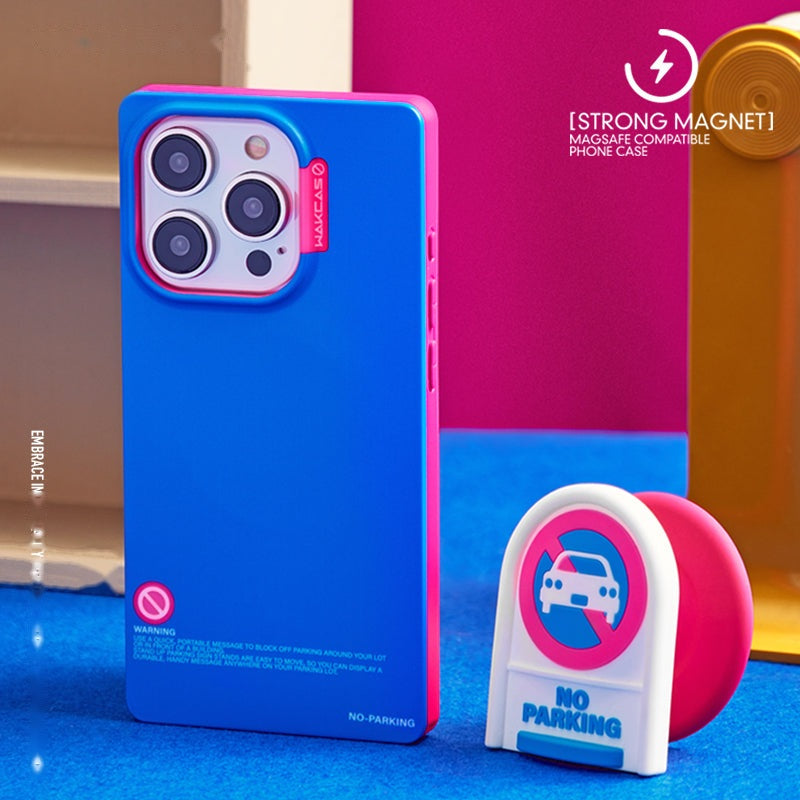 Blue and pink square case with No Parking stand on a pink backdrop