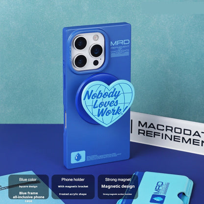 Matte blue case with the heart magnetic stand attached, styled on a blue backdrop