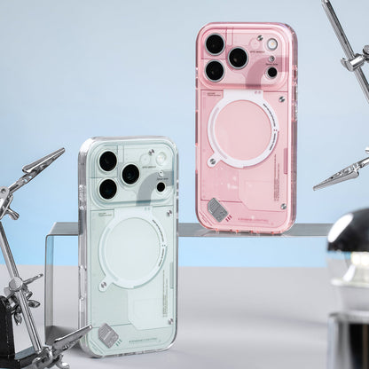 Light gray and pink glossy cases displayed on a light blue backdrop