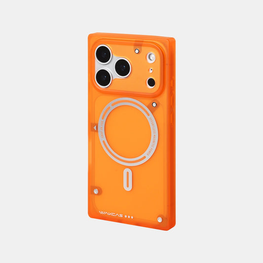 Transparent orange square MagSafe iPhone case with screw-style accents