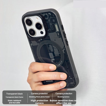 Hand holding the black circuit board case with feature callouts