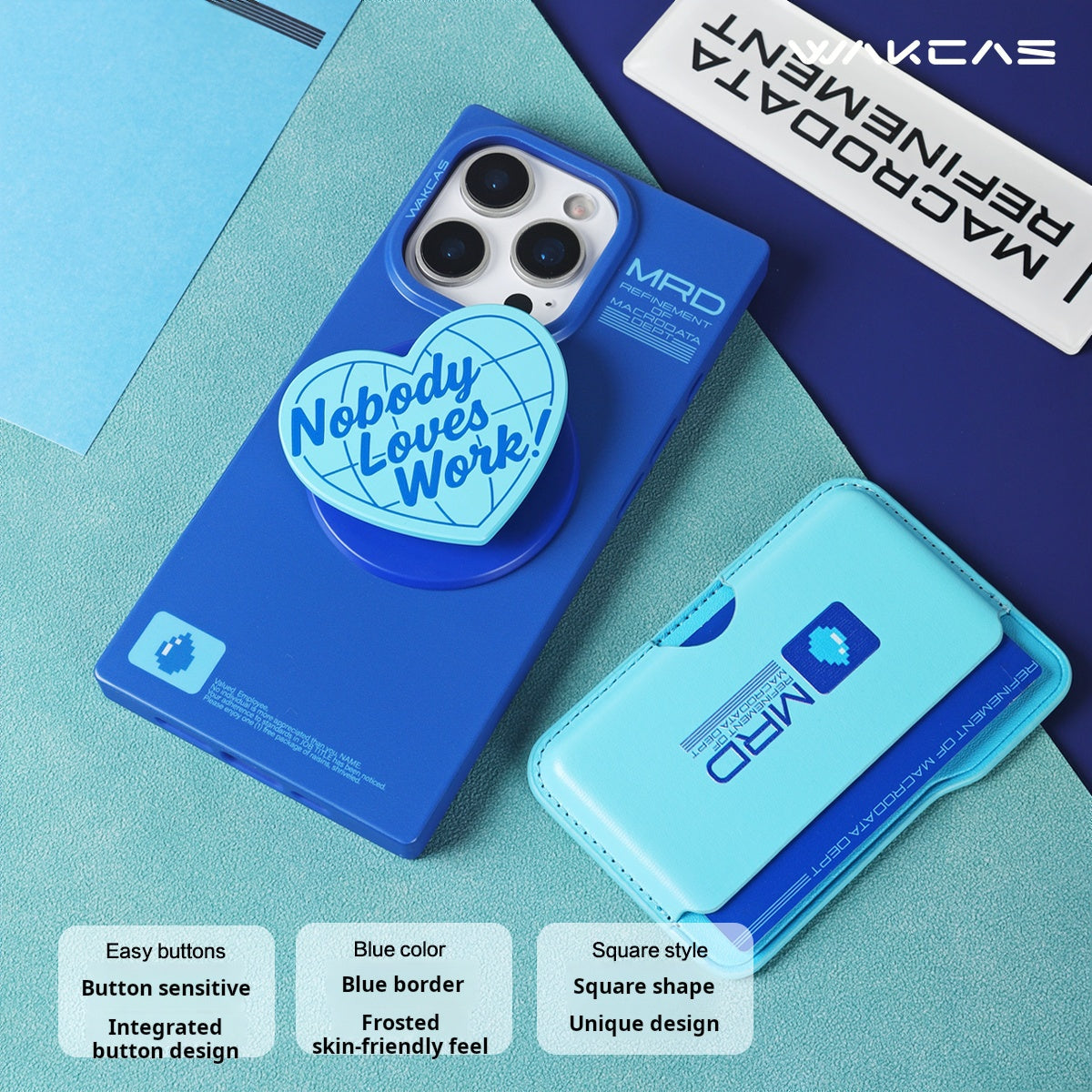 Matte blue case with the heart stand and card holder laid flat