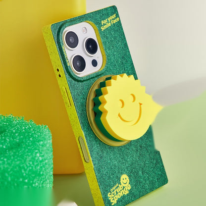 Sponge-print case standing upright with the smiley magnetic stand attached to the back