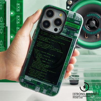 Hand holding an iPhone in the green circuit board case in front of a speaker