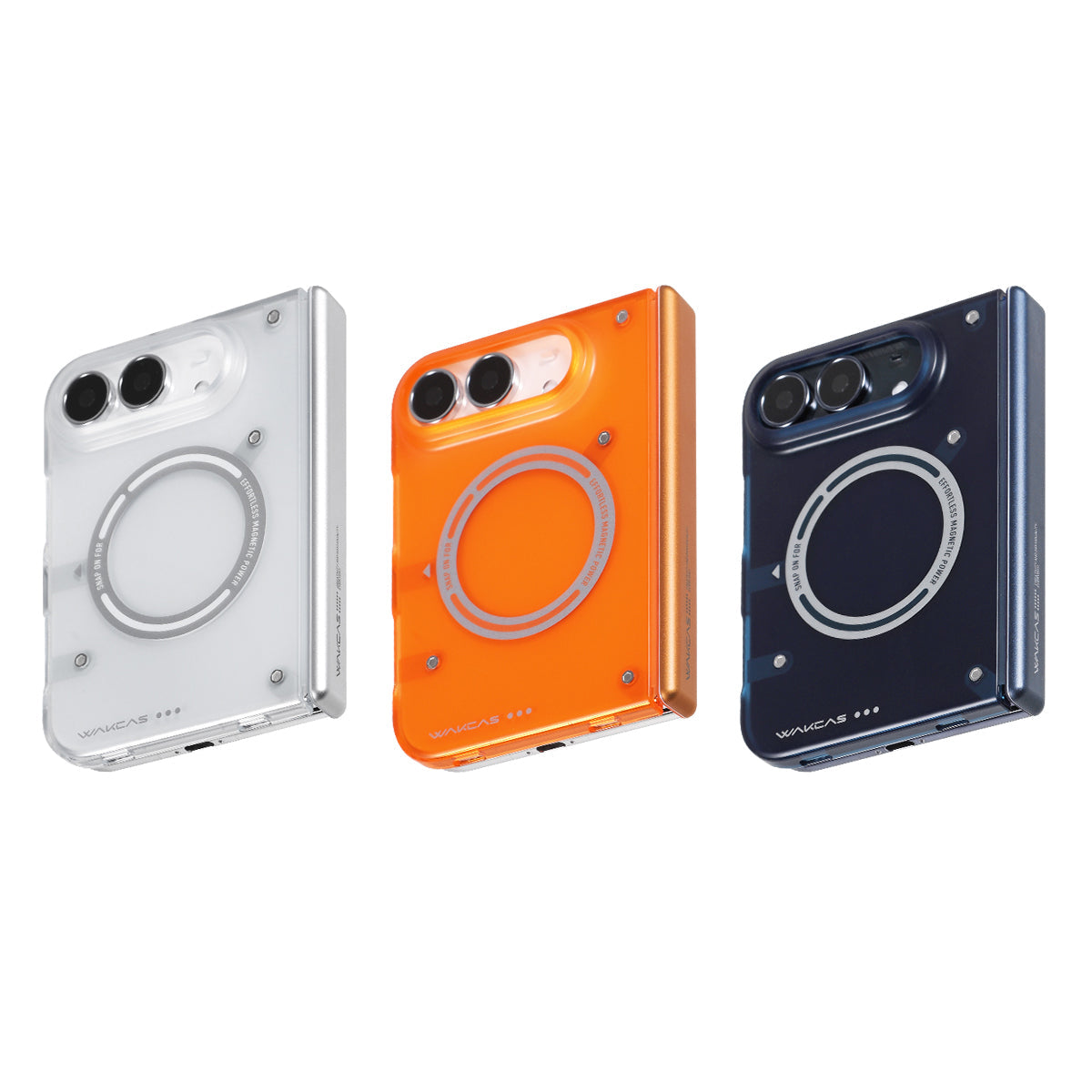 Transparent White, Orange and Blue frosted iPhone Duo cases side by side