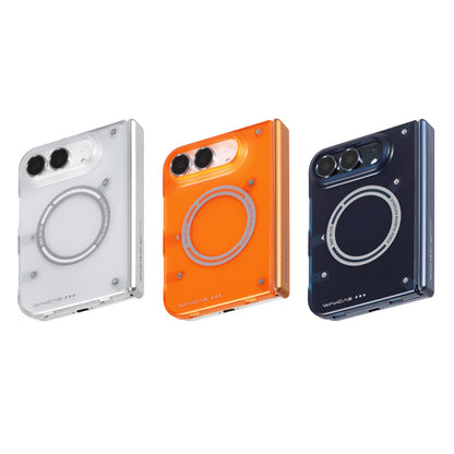 Transparent White, Orange and Blue frosted iPhone Duo cases side by side