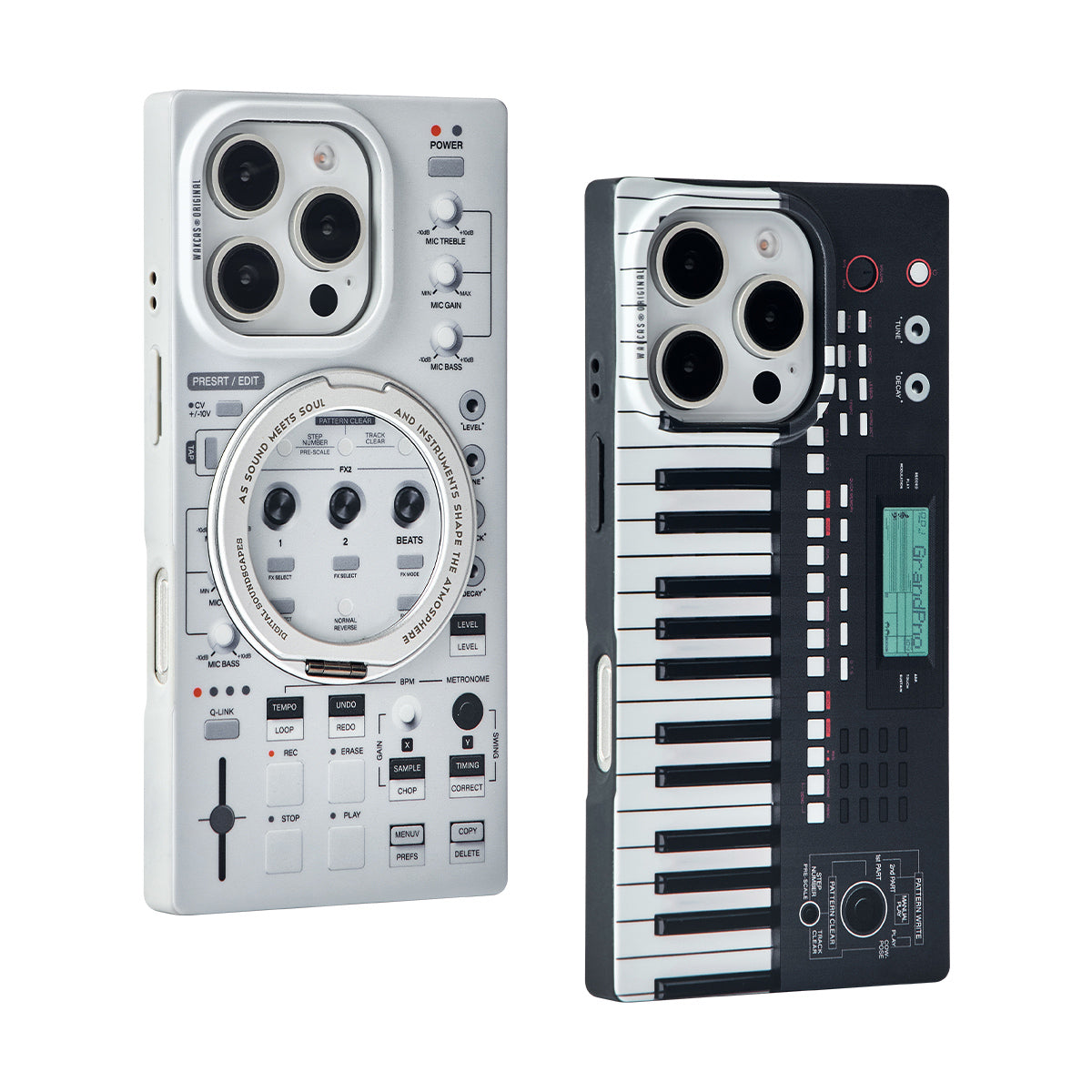 Gray sampler and black piano-key cases standing together