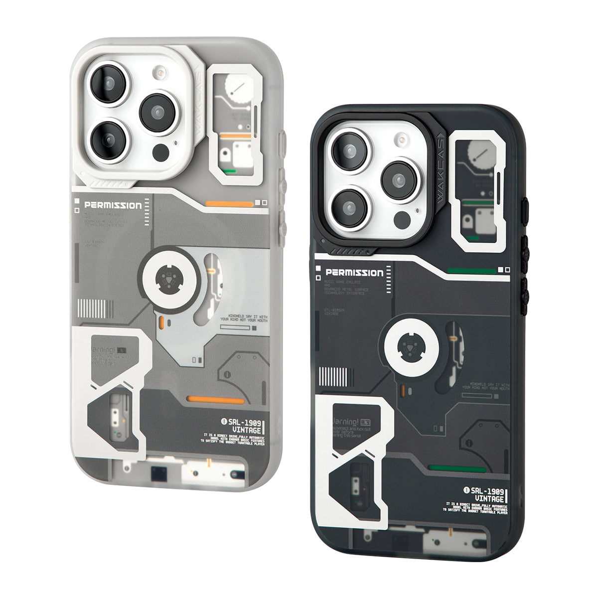 Frosted gray and frosted black retro player cases, angled view