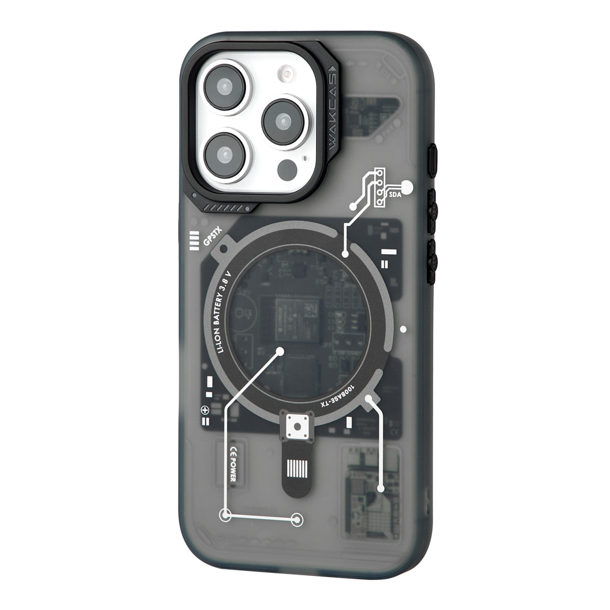 Black circuit board case, angled back view on white