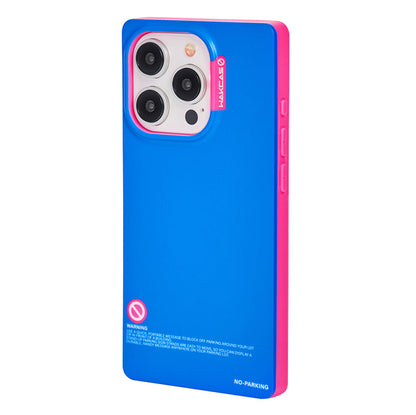 Blue and pink square case, angled rear view