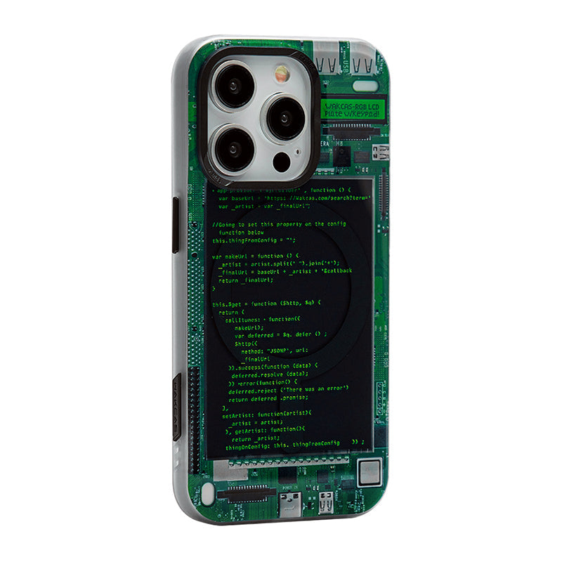 Green circuit board code screen case, angled back view