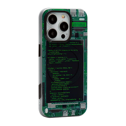 Green circuit board code screen case, angled back view