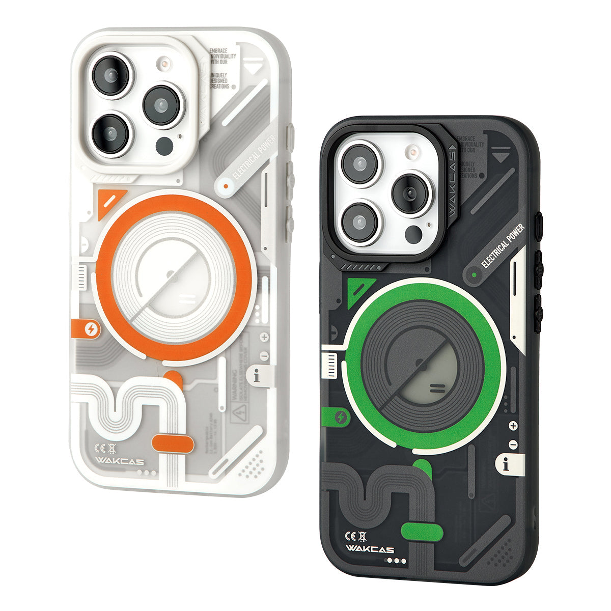 White-orange and black-green cases, angled