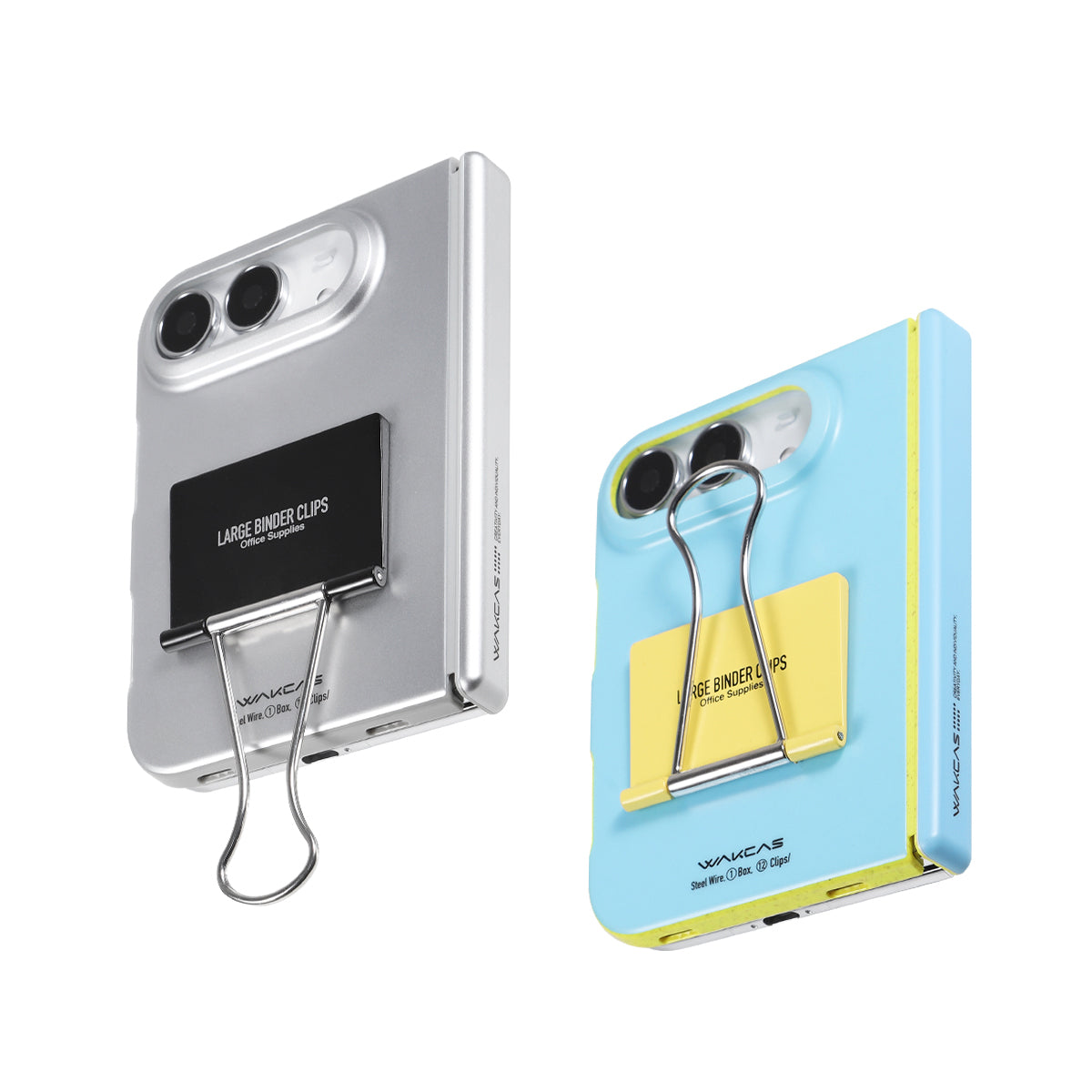Silver and Blue file folder iPhone Duo cases side by side, angled view