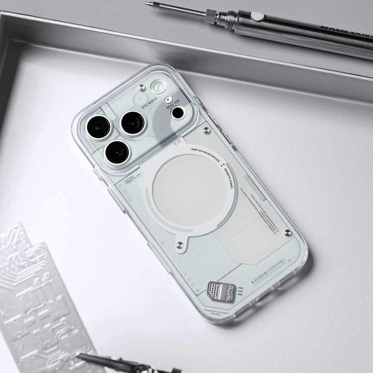 Light gray glossy case lying on a metal surface