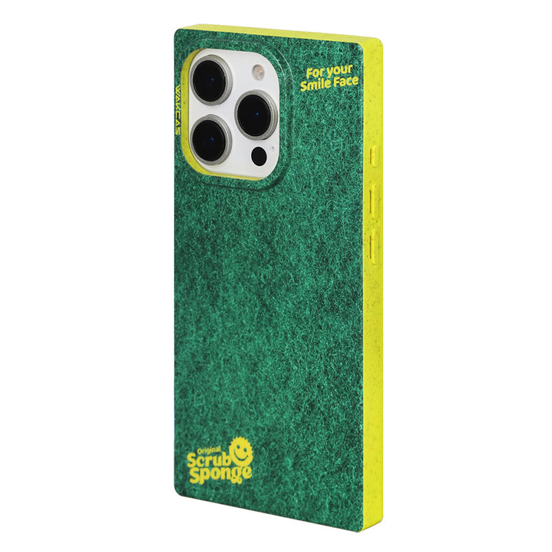 Green sponge-print iPhone case with yellow edges, full back view